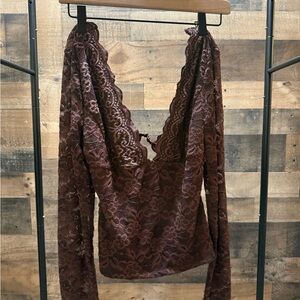 SHEIN Brown Lace Long Sleeve Deep V Top